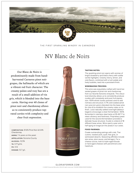 Gloria Ferrer Blanc de Noirs Tech Sheet Freixenet Mionetto